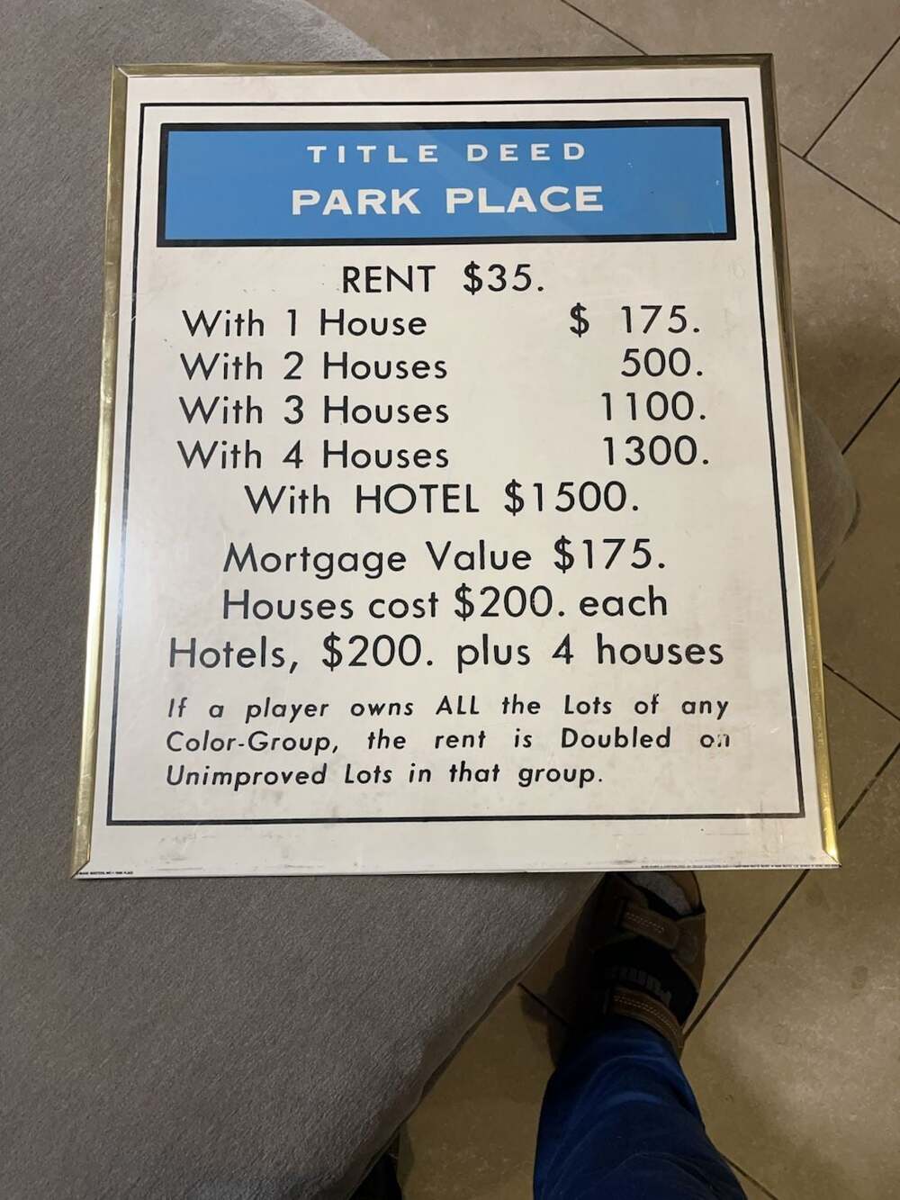 Vintage Monopoly Park Place Title Deed Wall Art Sign